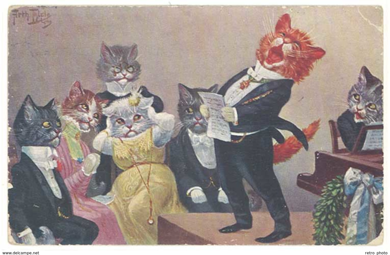 Cpa Illustrateur Signée Thiele - Chats Humanisés, Chanteur Lyrique  ( état ) - Thiele, Arthur