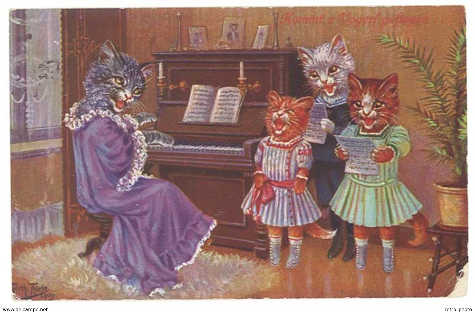 Cpa Ilustrateur Signée Thiele - Chats Humanisés, Famille, Enfants, Piano, Chanson - Thiele, Arthur