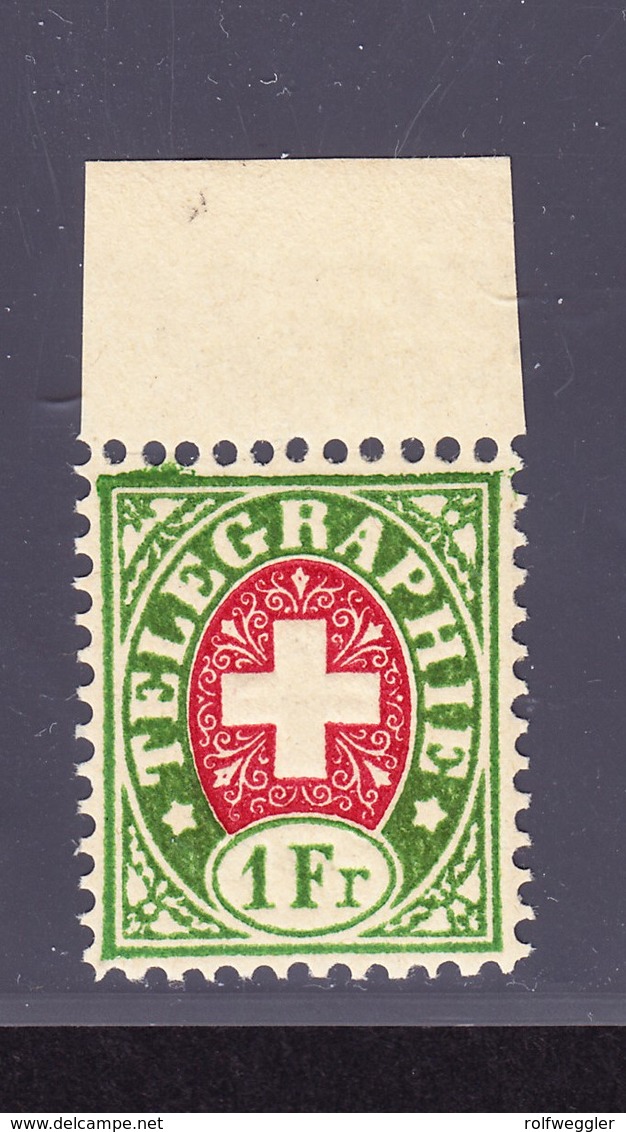 1868 1 Fr. Grün/dunkel Karmin, Weisses Papier, Postfrisches Bogenrandstück, Signiert Mit Attest - Télégraphe
