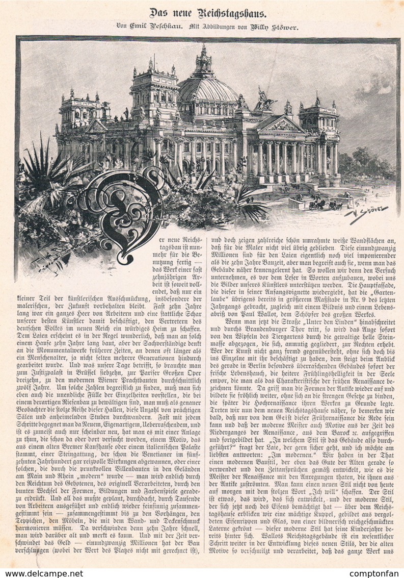 A102 390 Berlin Neues Reichstaghaus Stöwer Artikel Mit Ca. 9 Bildern 1894 !! - Politica Contemporanea