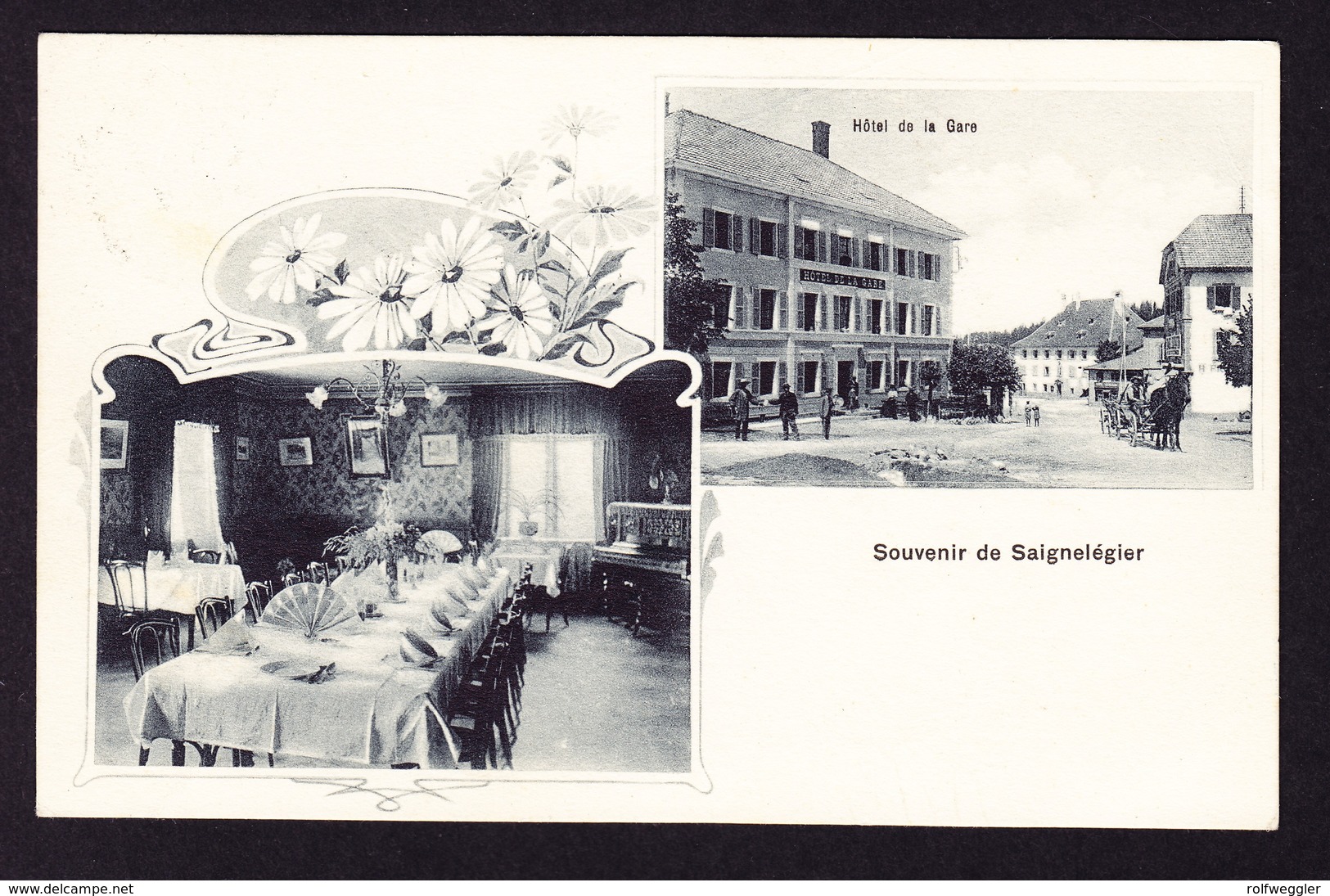 1908 Gelaufene AK Aus Saignelégier, Hotel De La Gare Mit Innenansicht, Papierfalte Herstellungsbedingt - Saignelégier