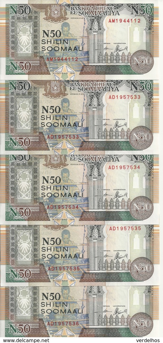 SOMALIE 50 SHILLINGS 1991 UNC P R2 ( 5 Billets ) - Somalie