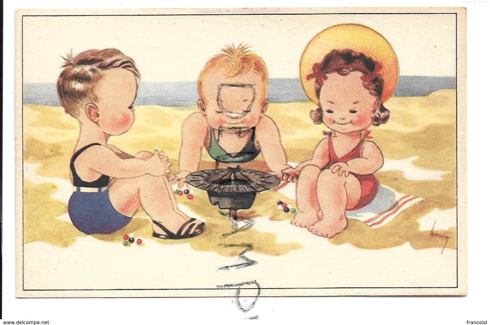 A La Plage. Trois Enfants Jouent Aux Billes Sur Un Chapeau-toupie. Signée Henry. - Scene & Paesaggi