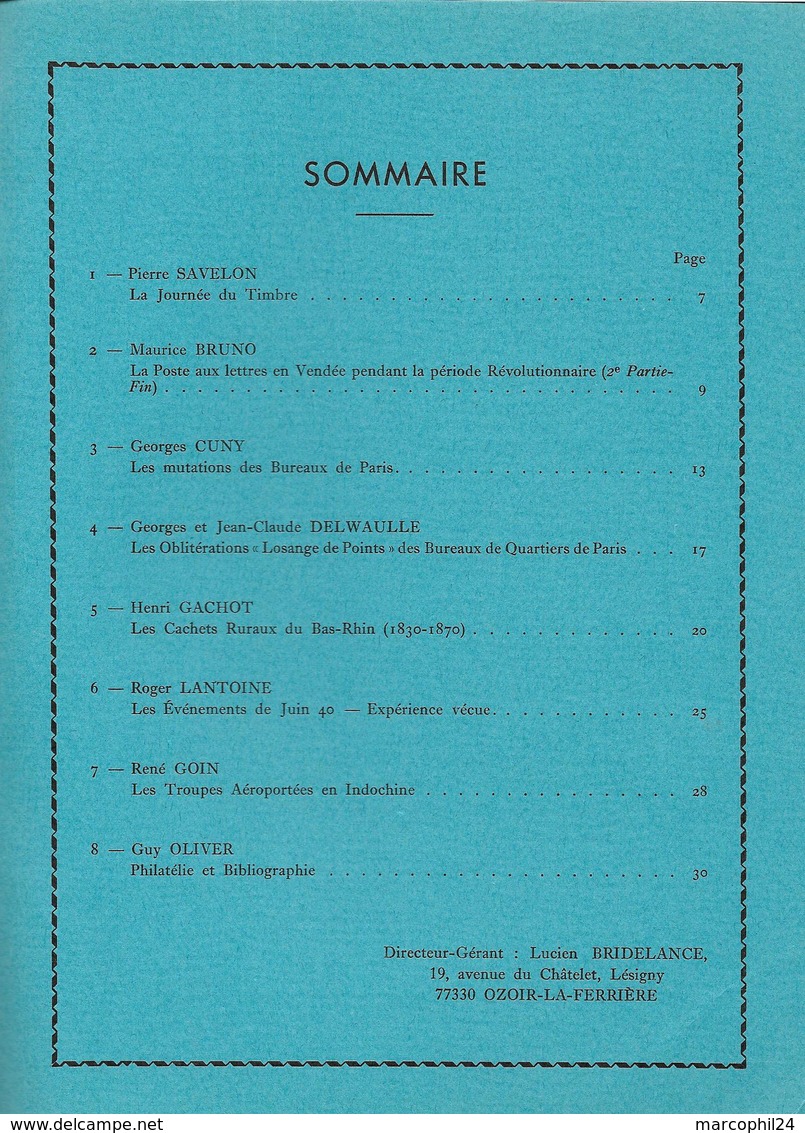 FEUILLES MARCOPHILES - N° 194 1973 = VENDEE Durant La Révolution + Bureaux De PARIS + BAS-RHIN 1830-70 + INDOCHINE - French