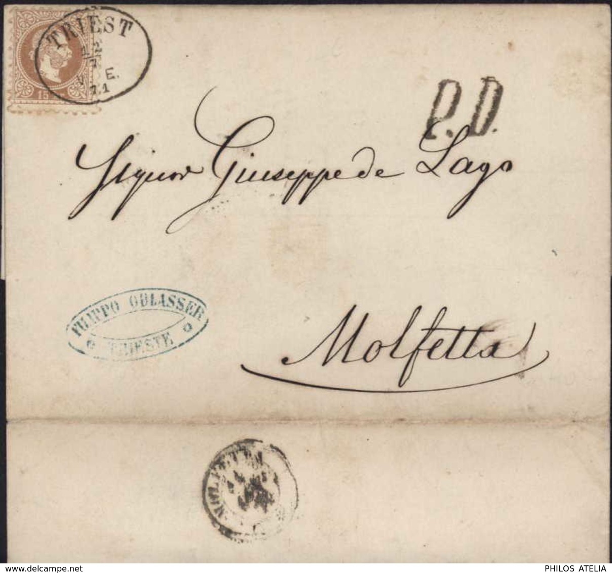 Autriche YT 37 Oblitération Ovale Triest 12 7 VE 71 Cachet à Sec Filippo Oblasser Trieste Italie PD Noir - Storia Postale