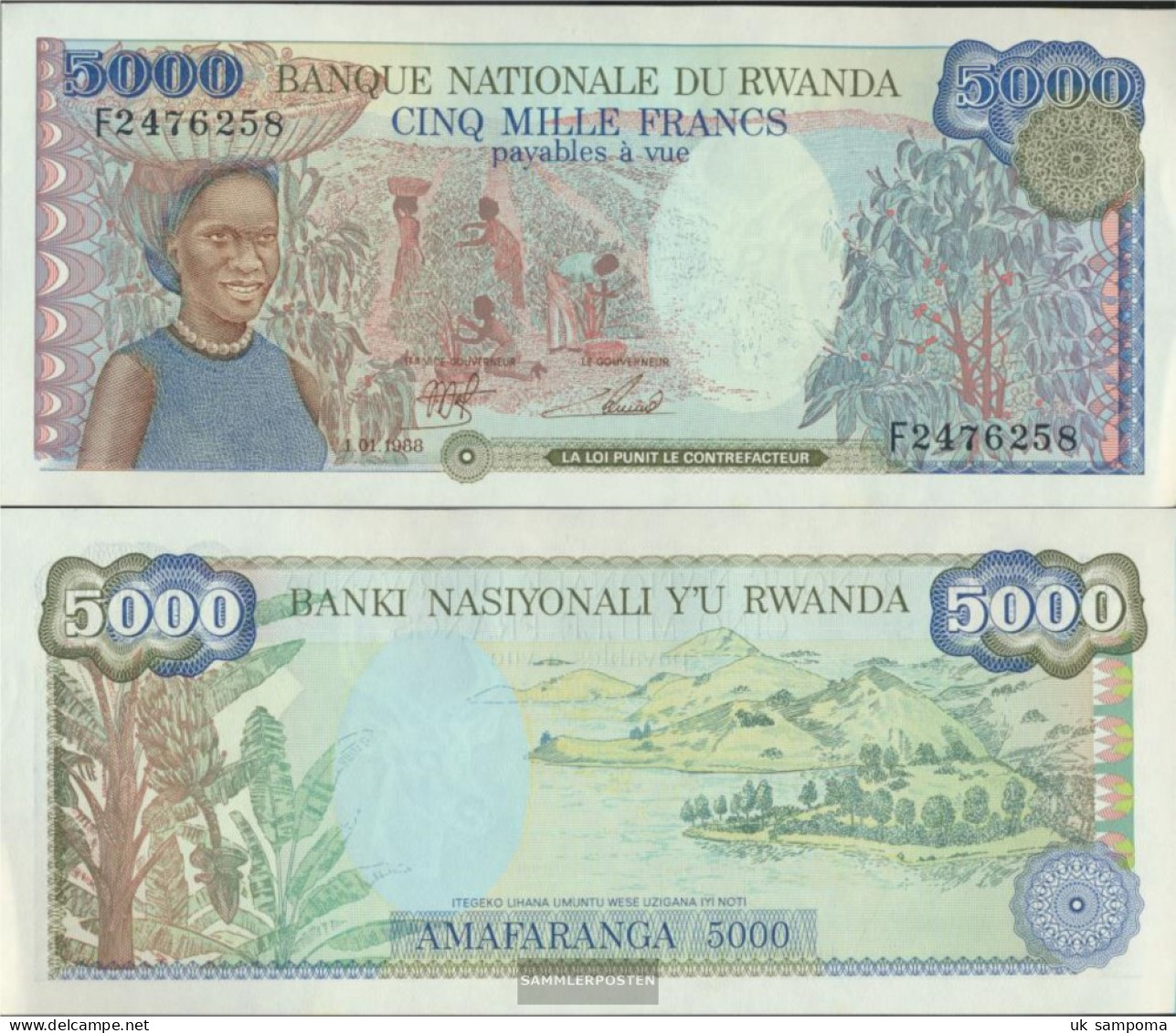 Rwanda Pick-number: 22a (1988) Uncirculated 1988 5.000 Francs - Ruanda