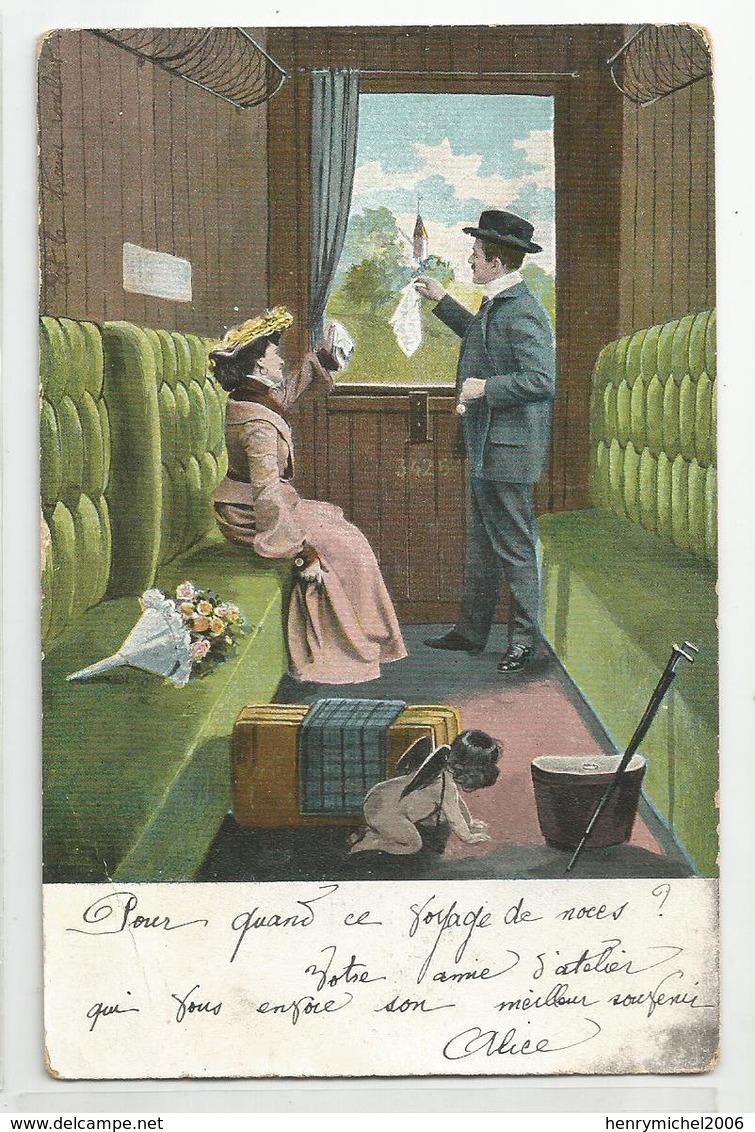 Cpa Petit Ange Se Cachant Couple Train Wagon Départ Mouchoir - Anges