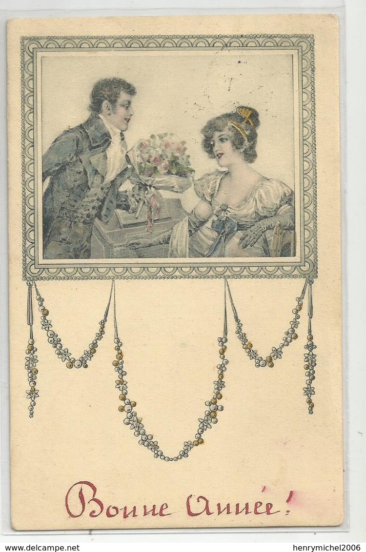 Cpa Illustrée Couple Romantique Bouquet Fleur Made In Germany Cachet Gent Gand Belgique , Bonne Année - 1900-1949