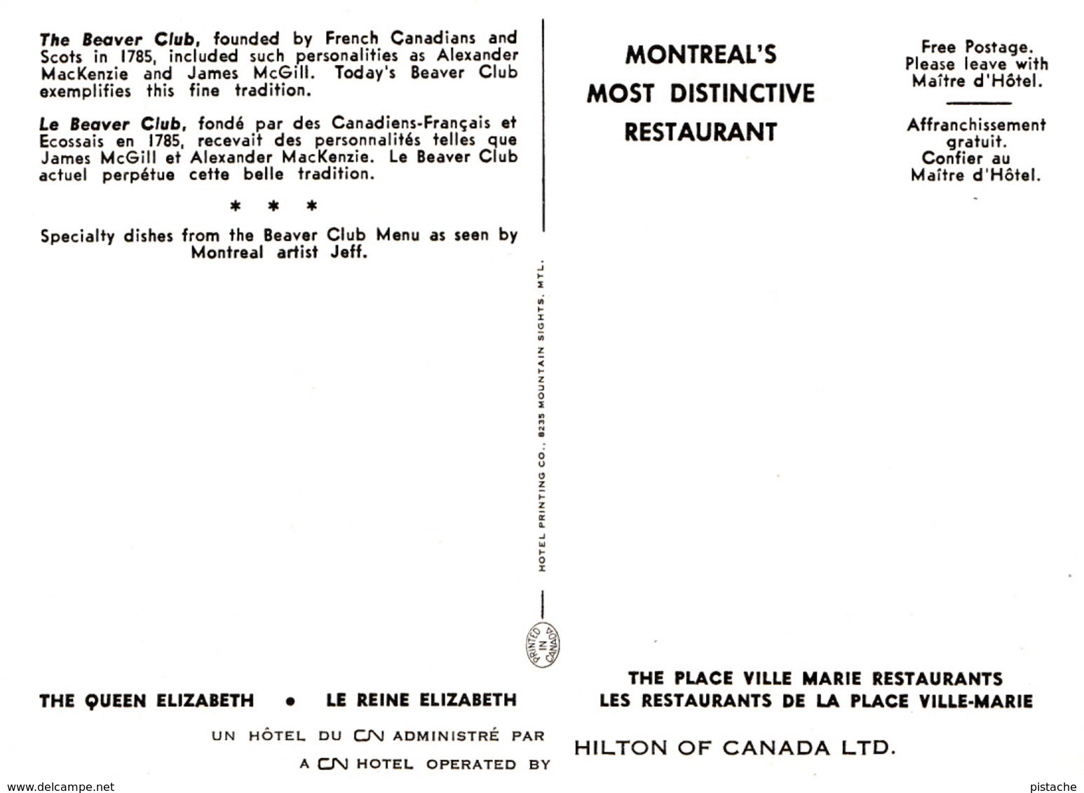 Montréal Québec - Restaurant Beaver Club - Gastronomy Food - Gastronomie - Oysters Rockfeller - Unused - 2 Scans - Hotels & Restaurants