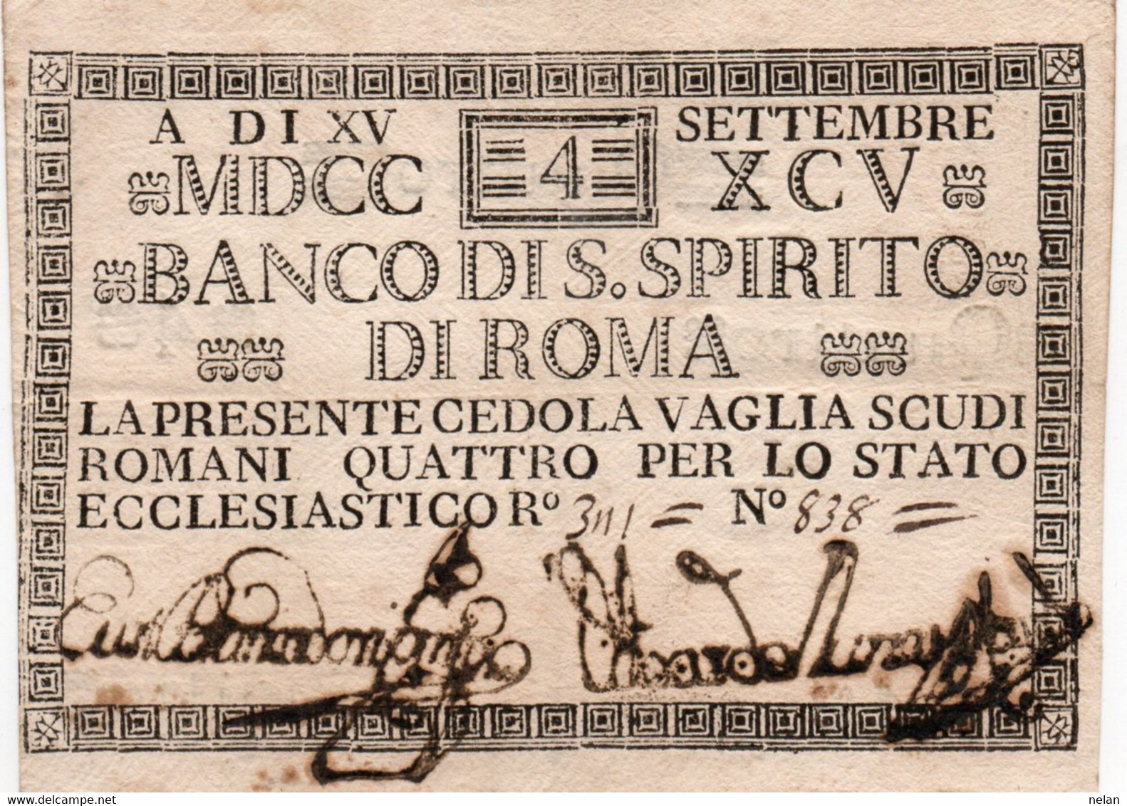 ITALIA-REPUBBLICA ROMANA-CEDOLA 4 SCUDI -1795 -P-S375--BANCO S.SPIRITO DI ROMA-CARTA CROCANTE,PERFETTA - Otros & Sin Clasificación