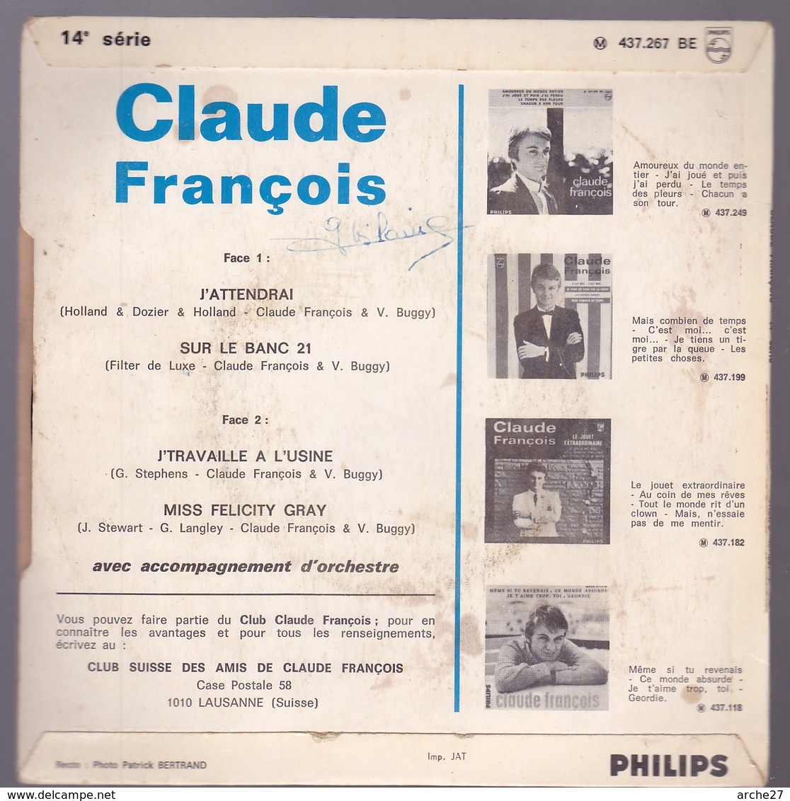 CLAUDE FRANCOIS - EP - 45T - Disque Vinyle - J'attendrai - 437267 - Autres - Musique Française