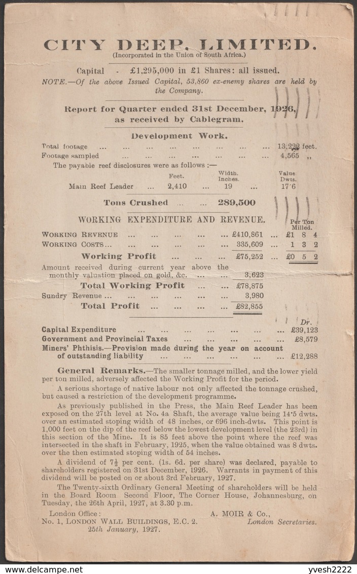 Grande-Bretagne 1927. Entier Postal Timbré Sur Commande. Phtisie Des Mineurs, Mine D'or City Deep Limited - Autres & Non Classés