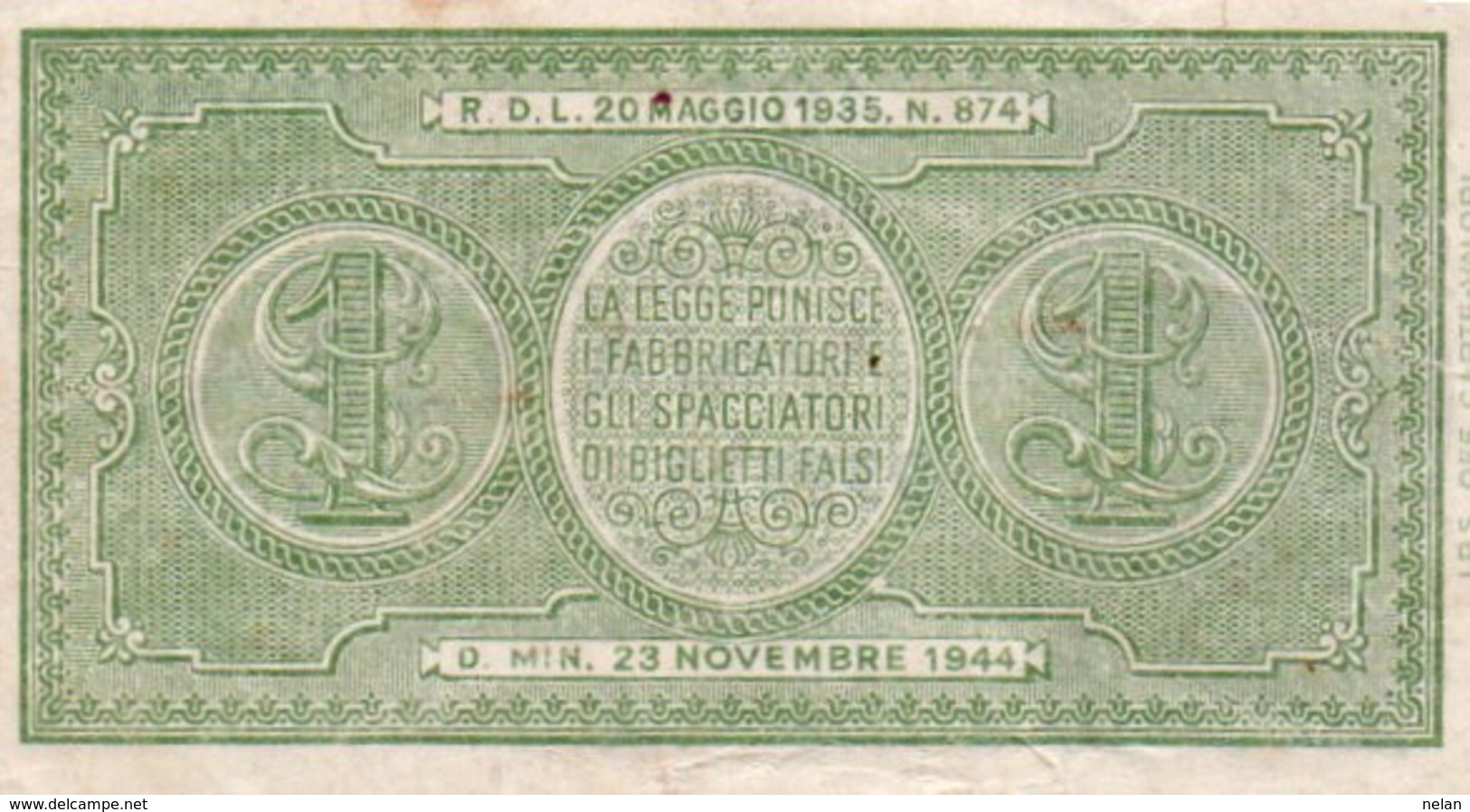 ITALIA 1 LIRA 1944 P-29b  Circ. - Italia – 1 Lira