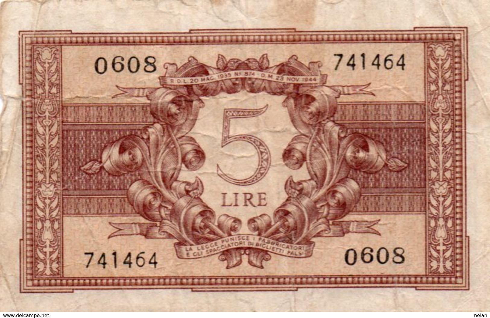 ITALIA 5 LIRE 1944 P-31c  Circ. - Italië– 5 Lire