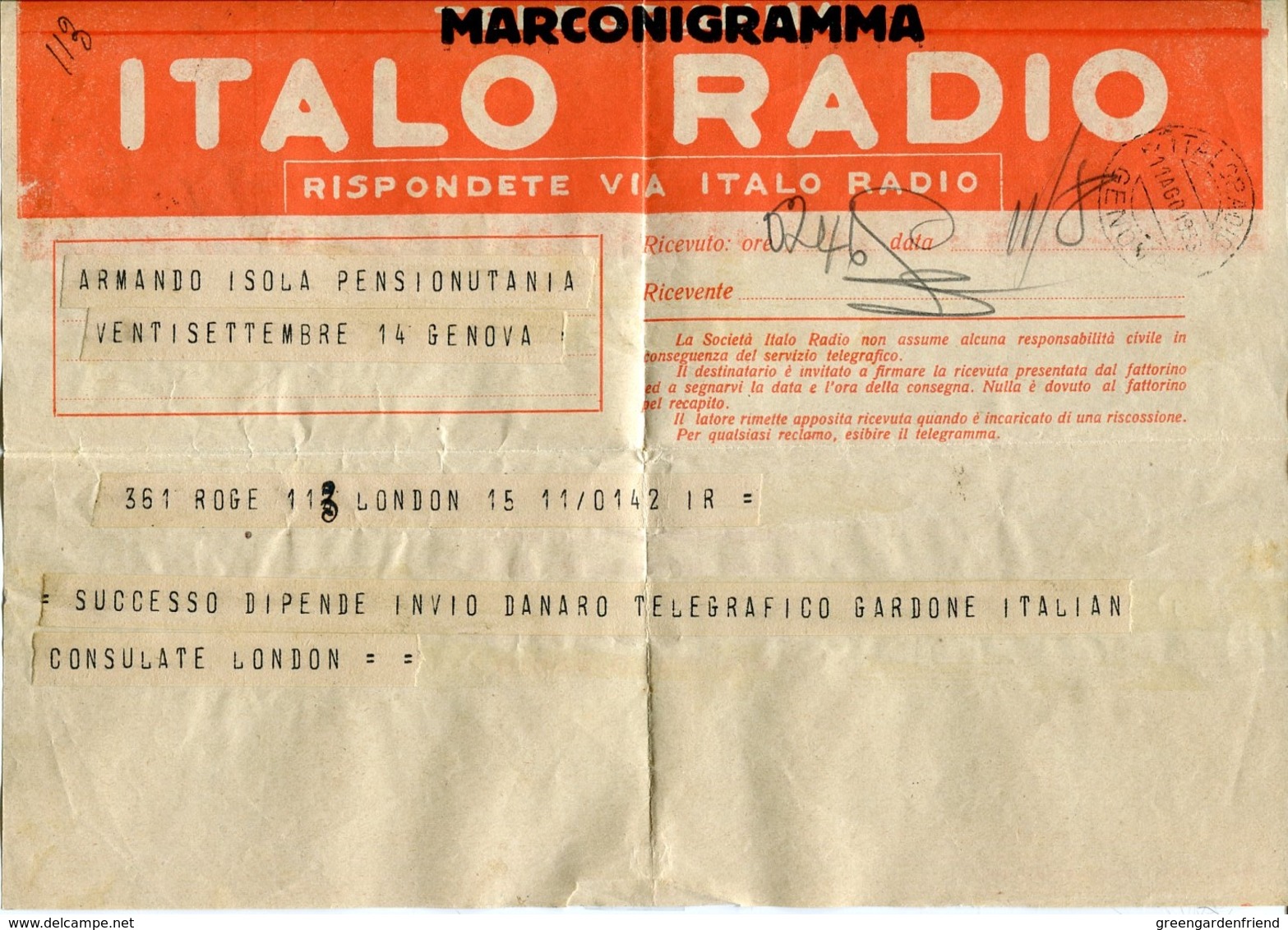 53086 Italia, Marconigramma, (telegramma)  Italo Radio, 1933, Via Italo Radio Genova - Altri & Non Classificati