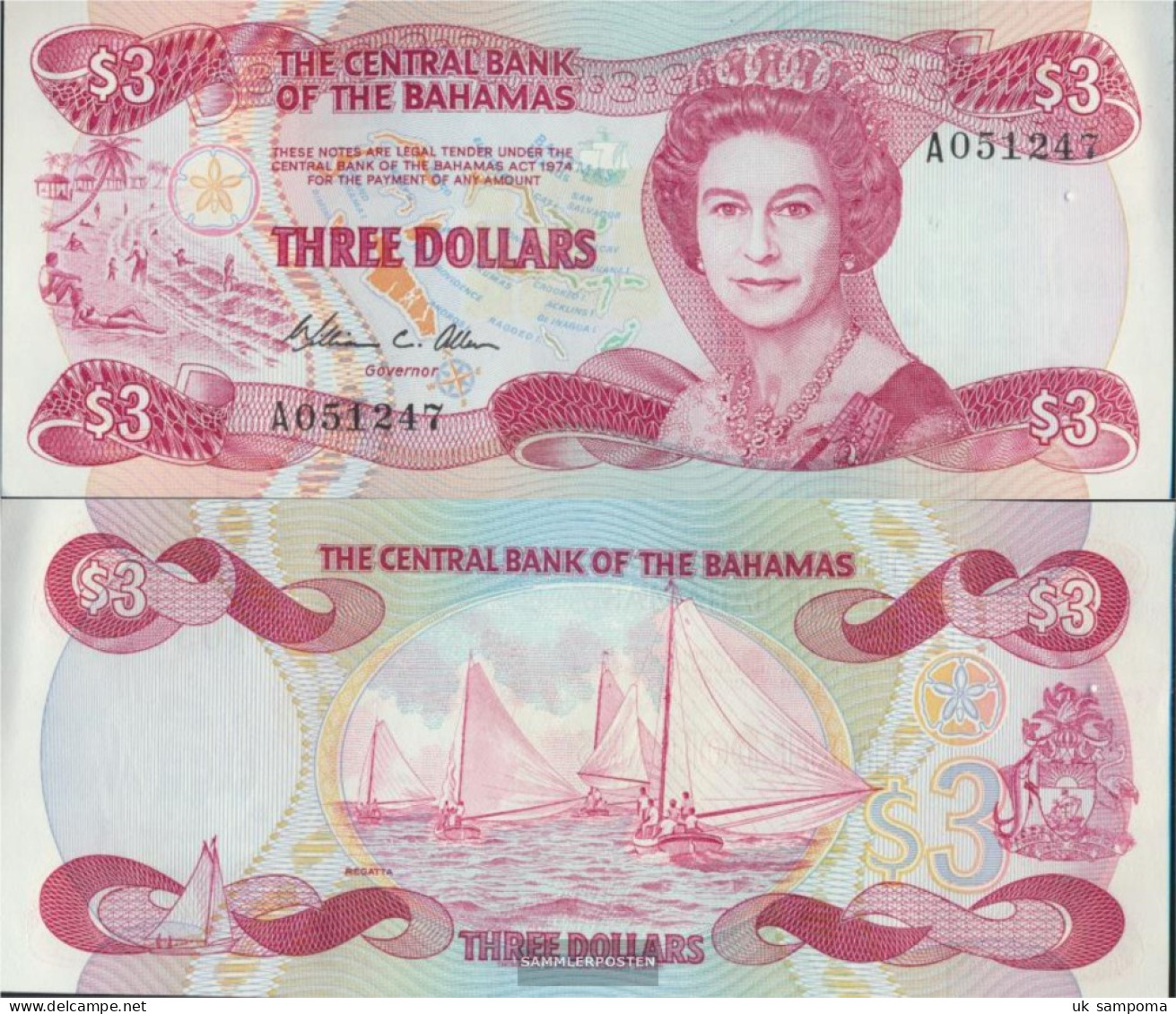 Bahamas Pick-number: 44a Uncirculated 1984 3 Dollars - Bahamas