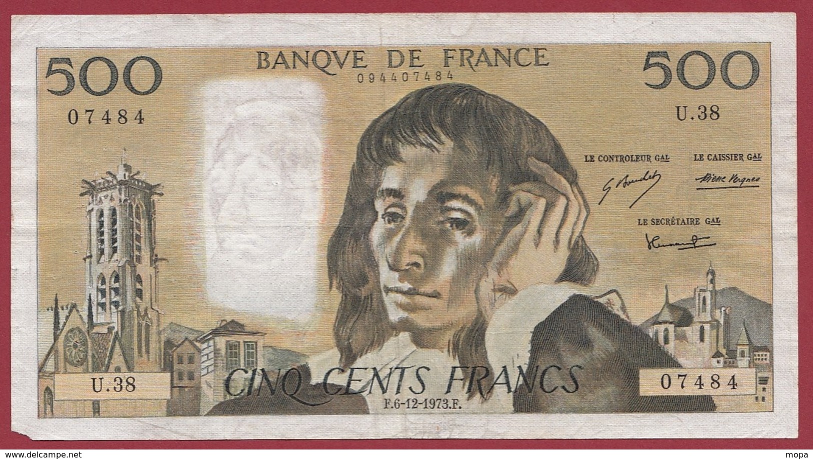 500 Francs "Pascal" Du 06/12/1973.F----TTB--ALPH.U.38. MANQUE 1 COIN EN BAS A GAUCHE DU BILLET - 500 F 1968-1993 ''Pascal''