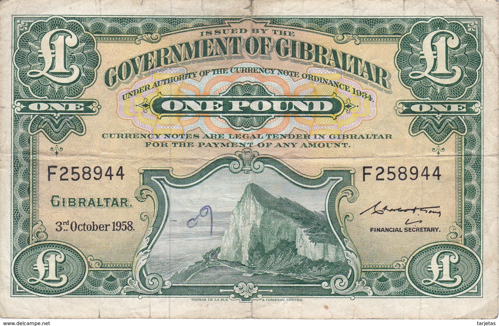 BILLETE DE GIBRALTAR DE 1 POUND DEL AÑO 1958  (BANKNOTE-BANK NOTE) - Gibraltar