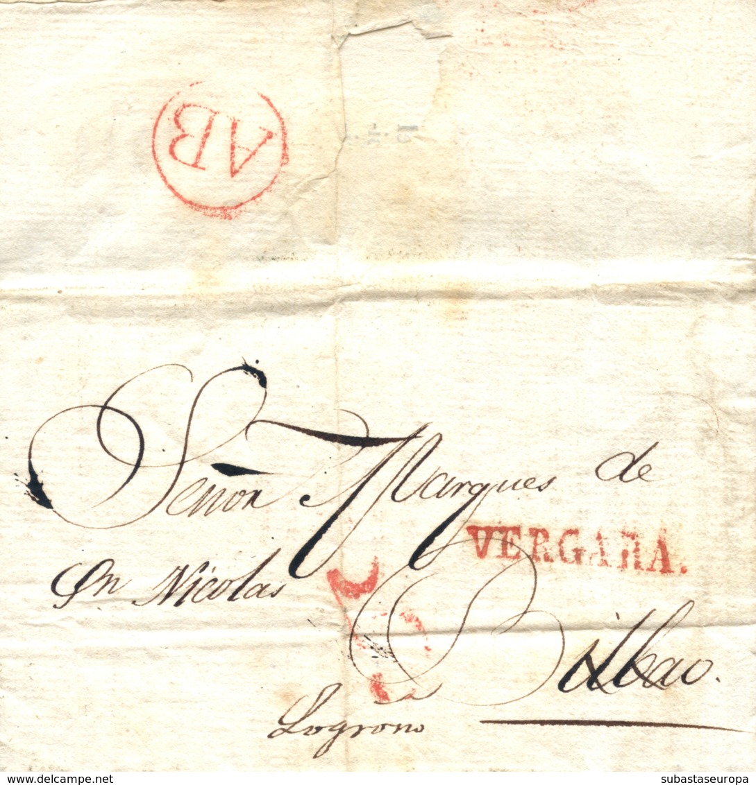 D.P. 10. 1840 (25 NOV). Carta Impresa De Vergara A Bilbao. Marca Nº 4R, Porteo 5 Y Al Dorso Marca AB En Rojo. Preciosa Y - ...-1850 Vorphilatelie