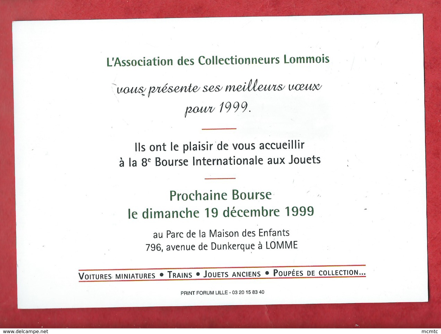 Carte Souple - L'association Des Collectionneurs Lommois - (Lomme )  -Voitures Miniatures,Trains,Jouets Anciens,Poupées - Lomme