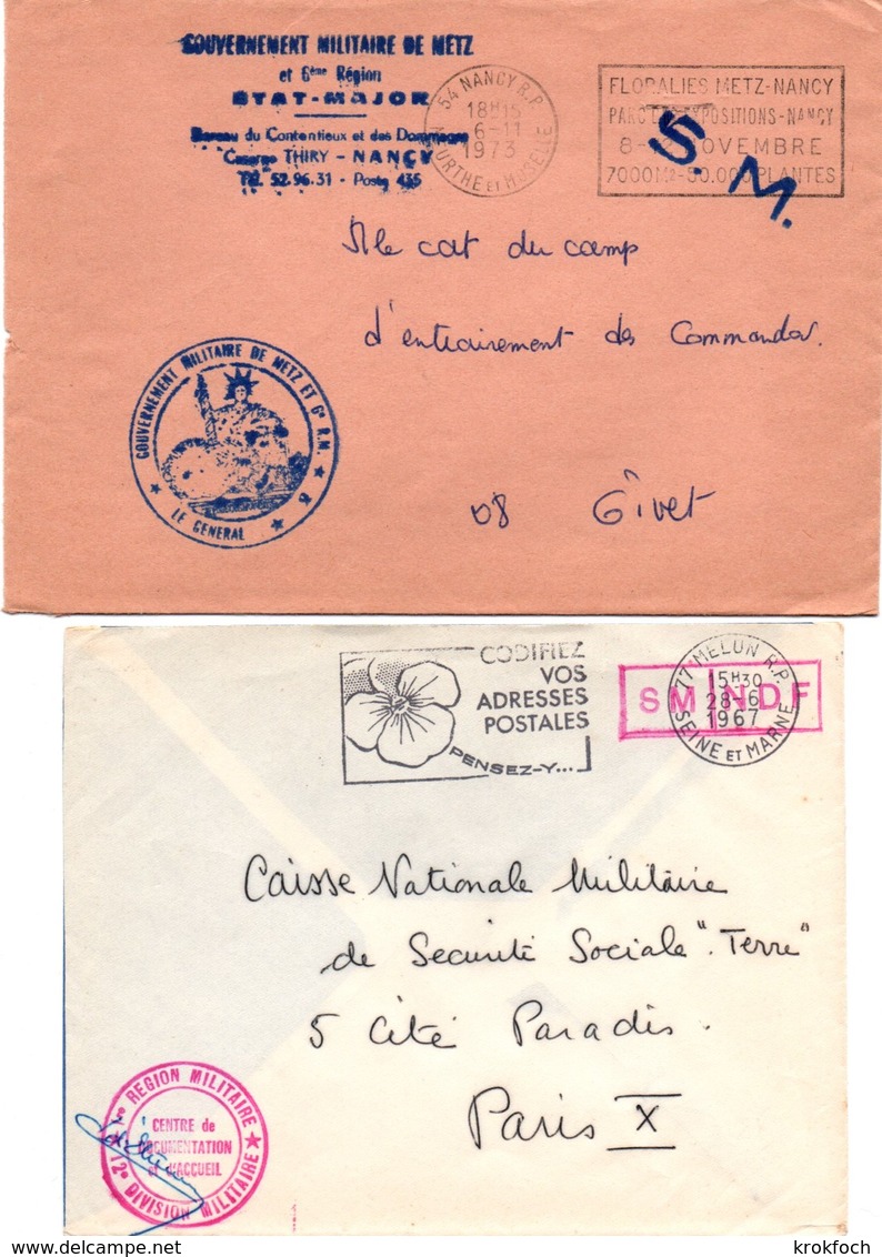 Melun 1967 12ème Division & Nancy 1973 Gouvernement Militaire - Armée De Terre - Fleurs Floralies - Cachets Militaires A Partir De 1900 (hors Guerres)