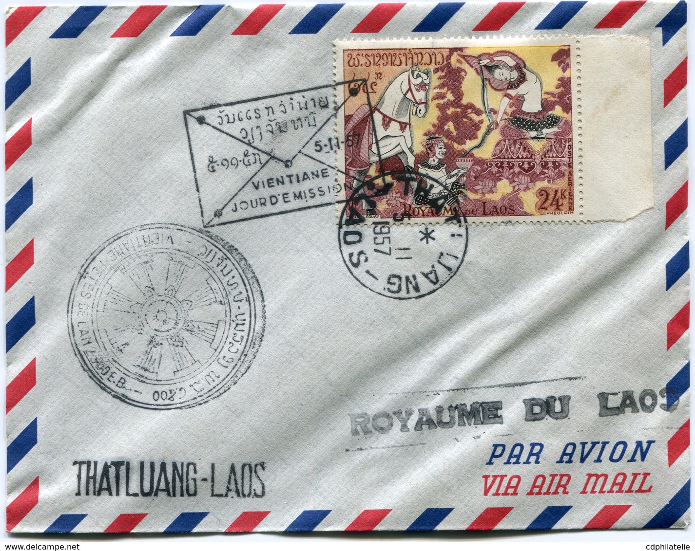 LAOS LETTRE PAR AVION AVEC CACHET ILL "VIENTIANE FETES DE LAN" + CACHET VIENTIANE JOUR D'EMISSION + THATLUANG 5-11-1957 - Laos