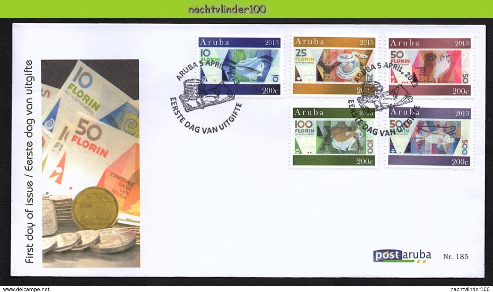 Nfv185fb  MUNTEN GELD UIL SLANG KIKKER VISSEN SCHELP OWL SNAKE FROG FISH SHELL COINS CURRENCY MONEY ARUBA 2013 FDC - Coins