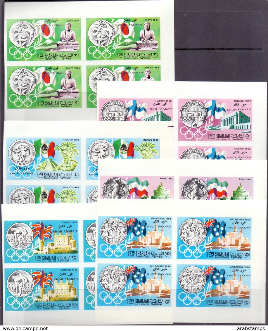 1968 SHARJAH KHOR FAKKAN Olympic Games History Complete Set 6 Values Block Of 4 Imperf MNH - Khor Fakkan
