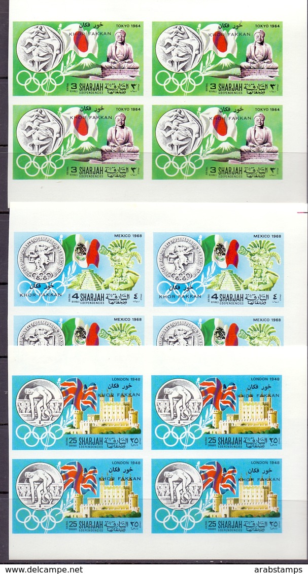 1968 SHARJAH KHOR FAKKAN Olympic Games History Complete Set 6 Values Block Of 4 Imperf MNH - Khor Fakkan