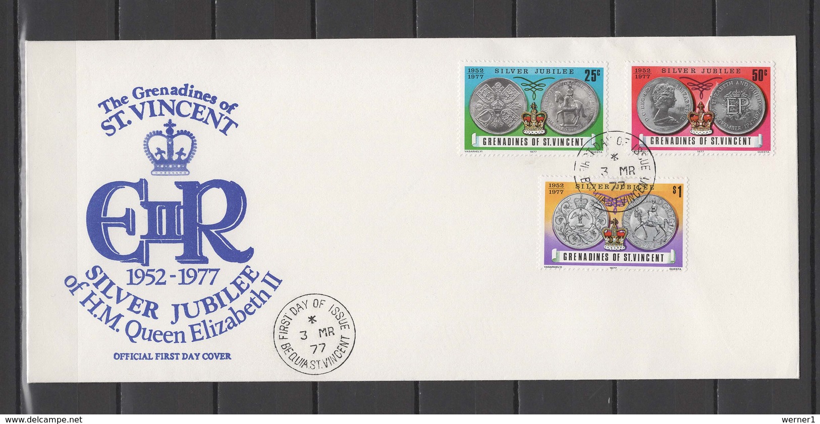 St. Vincent - Grenadines 1977 Queen Elizabeth II Silver Jubilee Set Of 3 On FDC - Case Reali