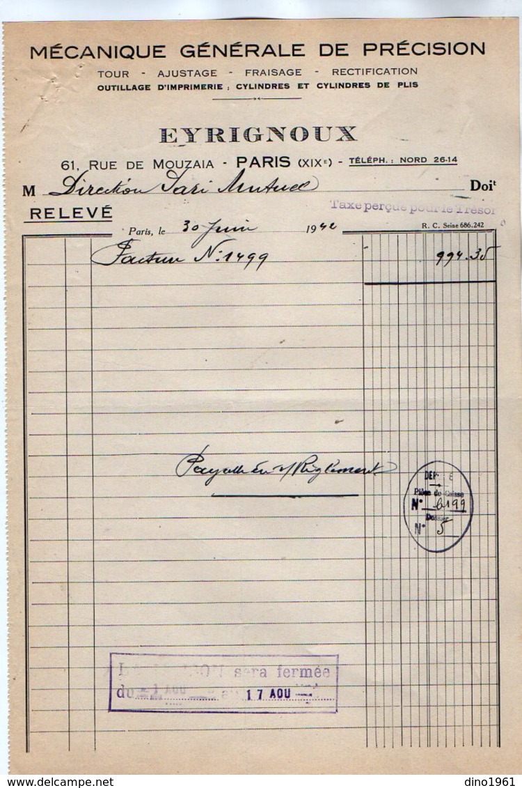 VP17.027 - Facture - Mécanique Générale De Précision EYRIGNOUX à PARIS Rue De Mouzaia - 1900 – 1949