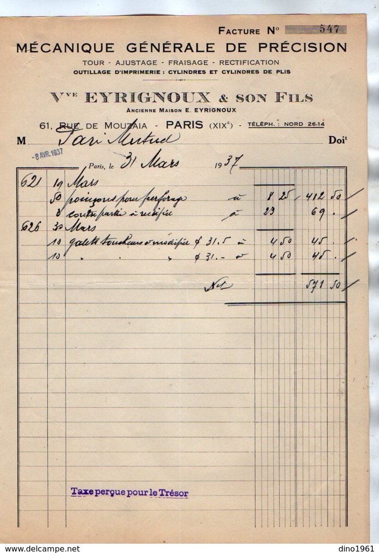 VP17.031 - Facture - Mécanique Générale De Précision Ve EYRIGNOUX & Son Fils à PARIS Rue De Mouzaia - 1900 – 1949