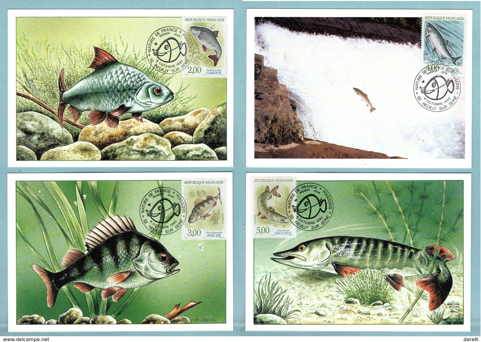 Carte Maximum 1990 - Nature De France - Poissons D'eau Douce : Gardon Perche Saumon Brochet YT 2663 à 2666 - Collezioni & Lotti