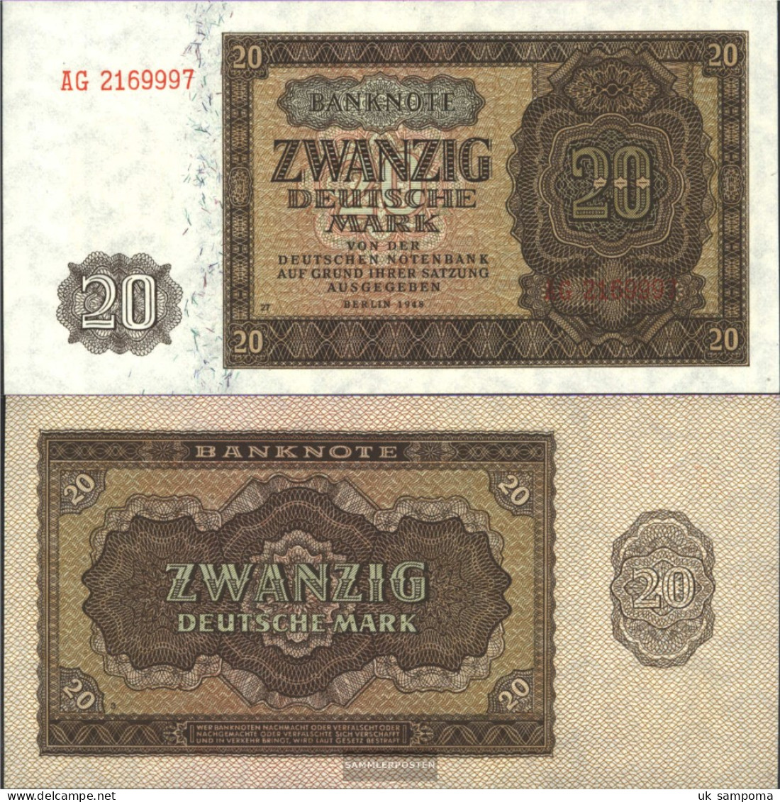 DDR Rosenbg: 344d, KN 7stellig, Before Two Letters, With Plate Number Uncirculated 1948 20 German Mark - 20 Deutsche Mark