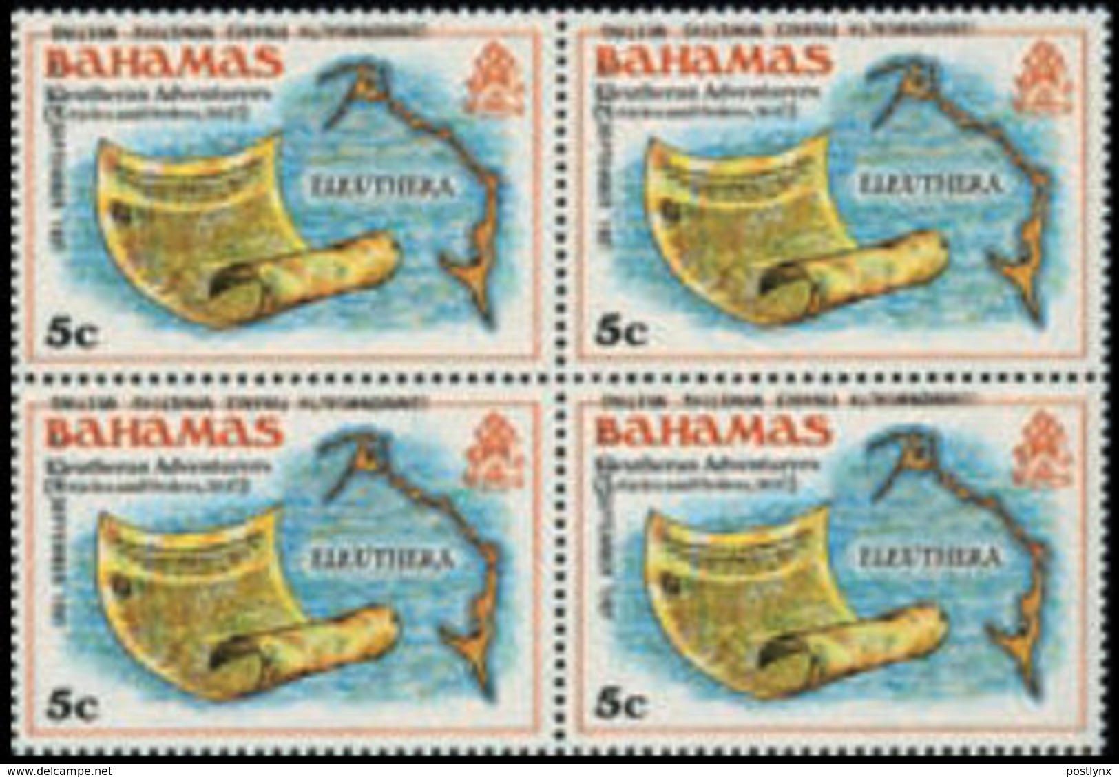 CV:€192.00 BAHAMAS 1981 Map Island Finance 5c ERROR:OVPT.INV. 4-BLOCK - Inseln