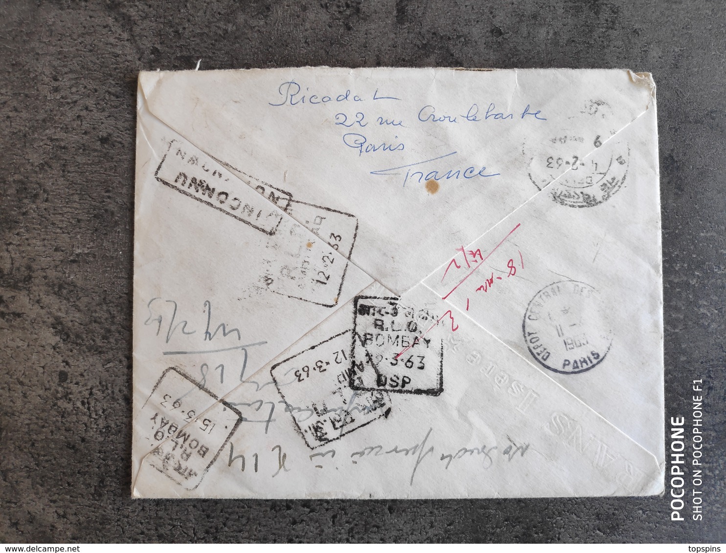 FRANCE 1963 LETTRE DESTINATION INDE EN RETOUR AVEC NOMBREUX CACHETS BE - Brieven En Documenten