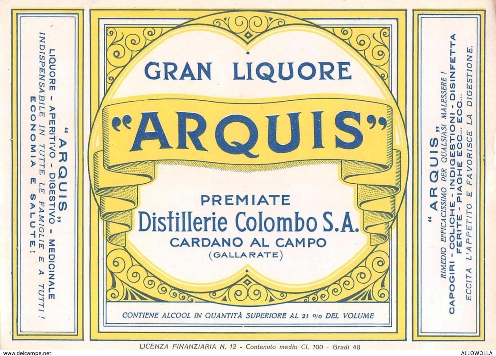 7189" GRAN LIQUORE ARQUIS-PREMIATE DISTILLERIE COLOMBO S.A.-CARDANO AL CAMPO-VARESE " ETICHETTA ORIGINALE - Altri & Non Classificati