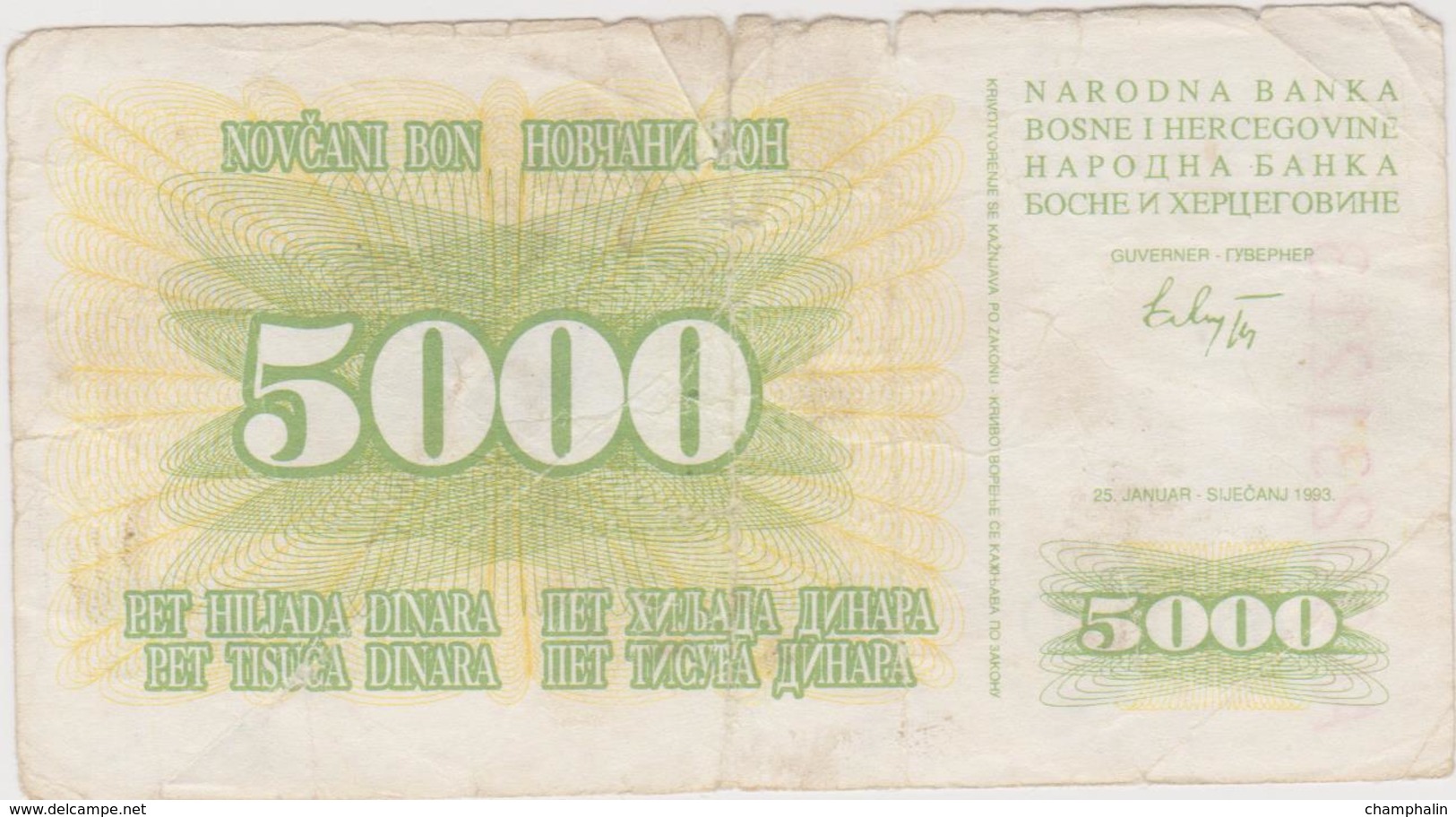 Bosnie-Herzégovine - Billet De 5000 Dinara - 25 Janvier 1993 - Bosnie-Herzegovine
