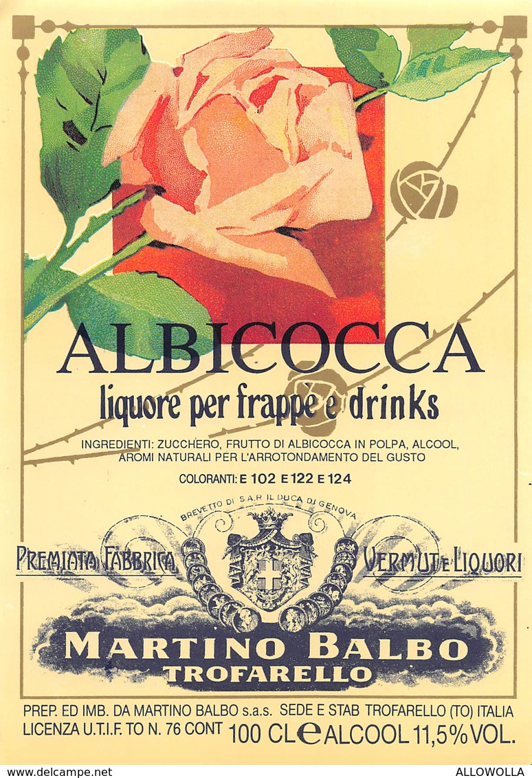 7221"ALBICOCCA-LIQUORE PER FRAPPE' E DRINKS -MARTINO BALBO-PREM.FABBR. VERMUT E LIQUORI-TROFARELLO " ETICHETTA ORIGINALE - Altri & Non Classificati