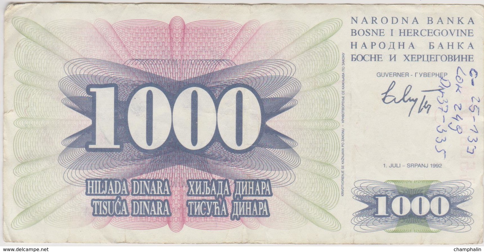 Bosnie-Herzégovine - Billet De 1000 Dinara - 1er Juillet 1992 - Bosnie-Herzegovine