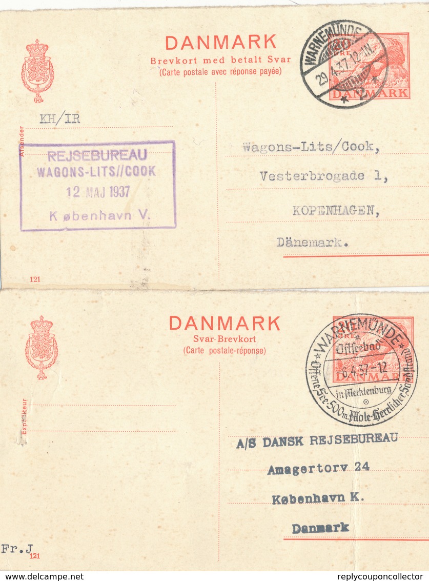 DANMARK / WARNEMÜNDE   - 1937   , Reply Ganzsache  Benutzt Aus Warnemünde Nach Kopenhagen - Postal Stationery