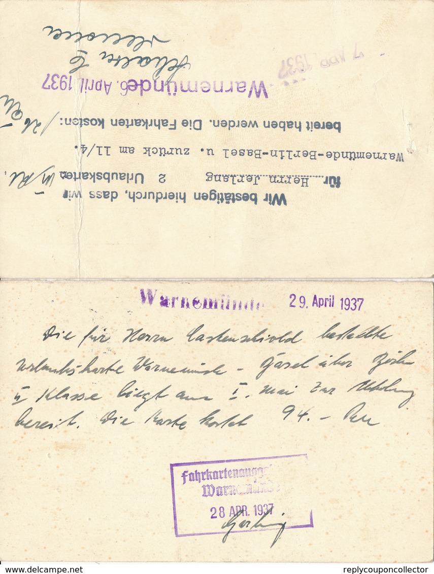 DANMARK / WARNEMÜNDE   - 1937   , Reply Ganzsache  Benutzt Aus Warnemünde Nach Kopenhagen - Postal Stationery