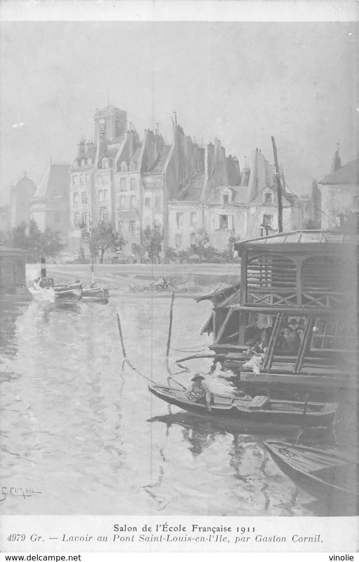 20-5506 : SALON DE PARIS 1911. LAVOIR AU PONT SAINT-LOUIS-EN-L'ILE PAR GASTON CORNIL. PARIS. - Schilderijen