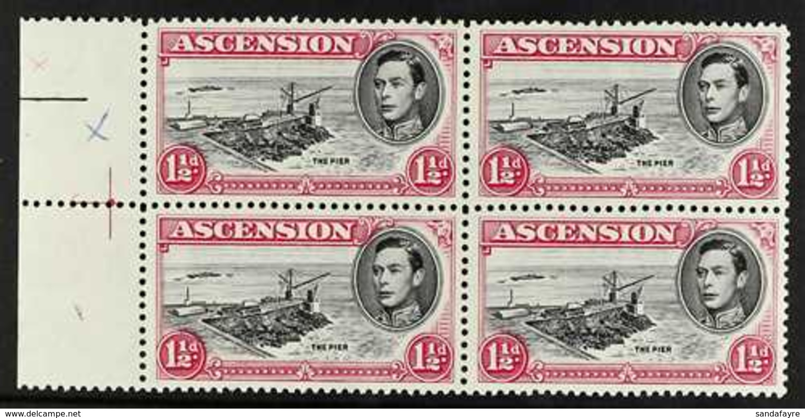 1953  1½d Black And Rose-carmine Perf. 13, Left Marginal Block Of Four, One Showing DAVIT FLAW, SG 40fa, Fine Never Hing - Ascension