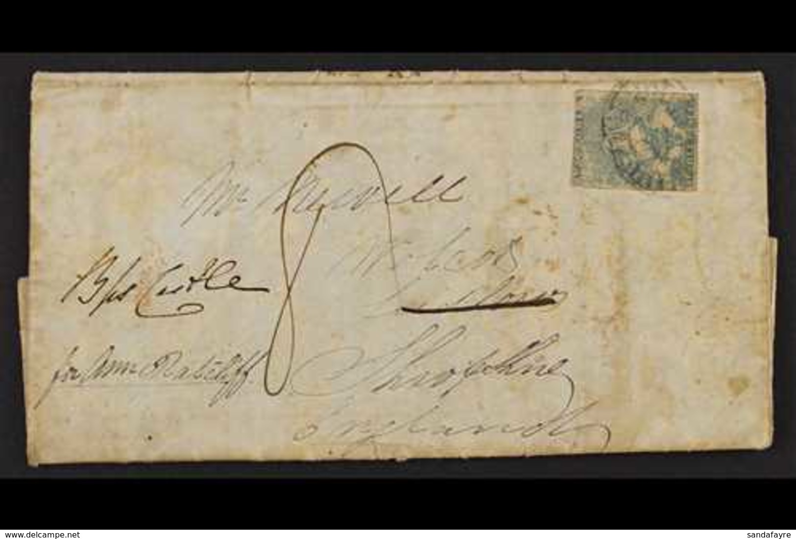 VICTORIA  1852 (April) Entire Letter From Melbourne To Shropshire, Bearing S Fair 3d Blue Half Length Tied By Barred Ova - Sonstige & Ohne Zuordnung