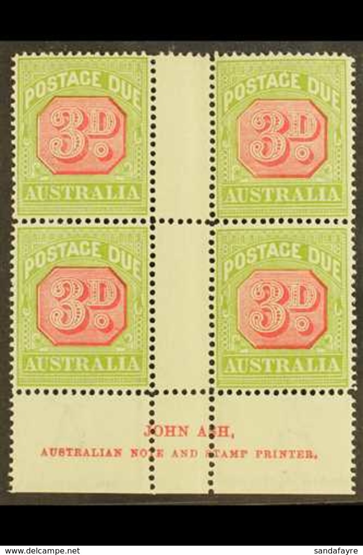 POSTAGE DUE  1922-30 3d Carmine And Yellow-green, SG D95, JOHN ASH Imprint Block Of Four, Fine Mint. (4 Stamps) For More - Sonstige & Ohne Zuordnung