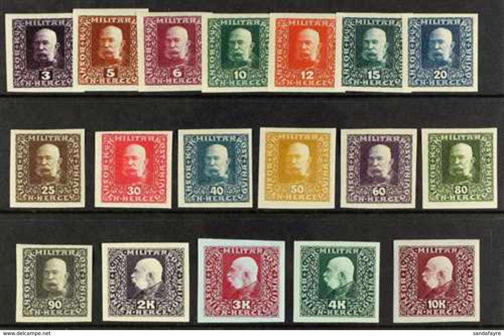 BOSNIA & HERZEGOVINA  1916 Emperor Complete Set Of IMPERF COLOUR PROOFS Printed In Unissued Colours, Michel 99/116 P U I - Sonstige & Ohne Zuordnung