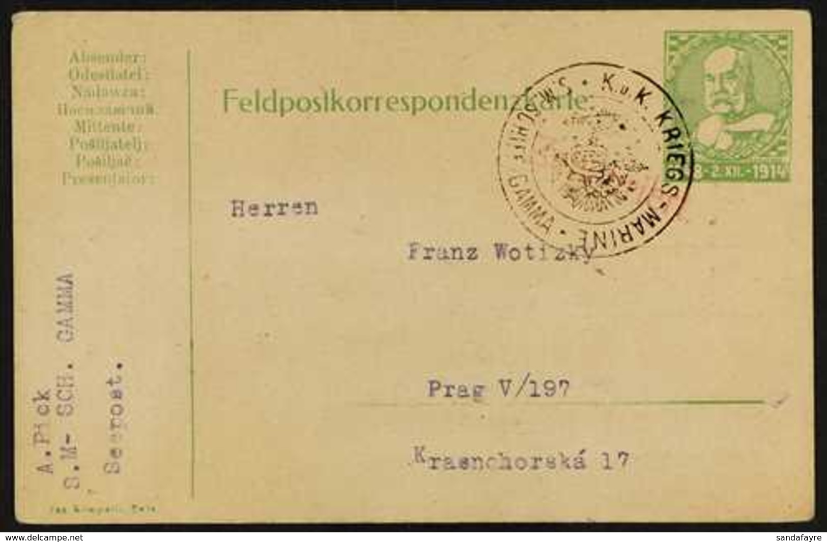 WWI SHIP MAIL  1914 Feldpost Card Addressed To Prague, Bearing Black Circular "S.M. SHIFF GAMMA / K. U. K. KRIEGS-MARINE - Sonstige & Ohne Zuordnung