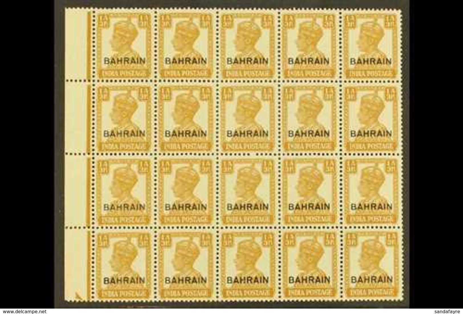 1942-45  1a3p Bistre, SG 42, Never Hinged Mint Marginal BLOCK OF 20 Stamps. Lovely (1 Block Of 20) For More Images, Plea - Bahrein (...-1965)