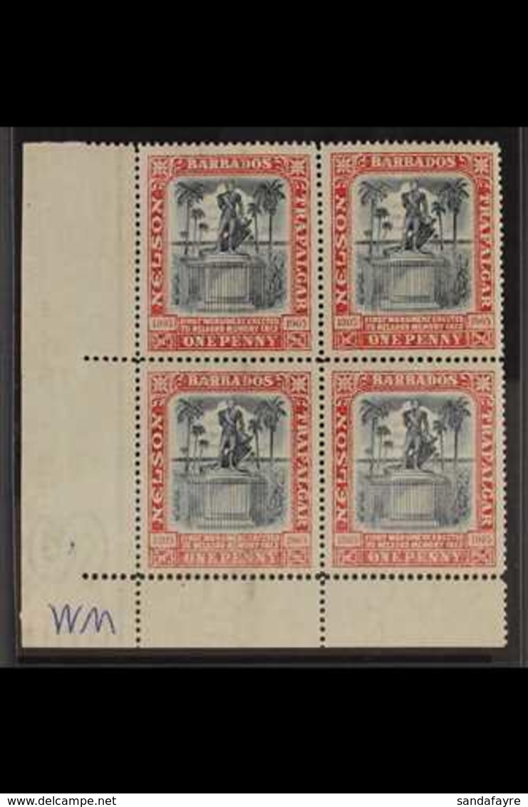 1906  1d Black And Red, Nelson Centenary, Variety "wmk Inverted", SG 147w, Never Hinged Mint Corner Marginal Block Of 4  - Barbados (...-1966)